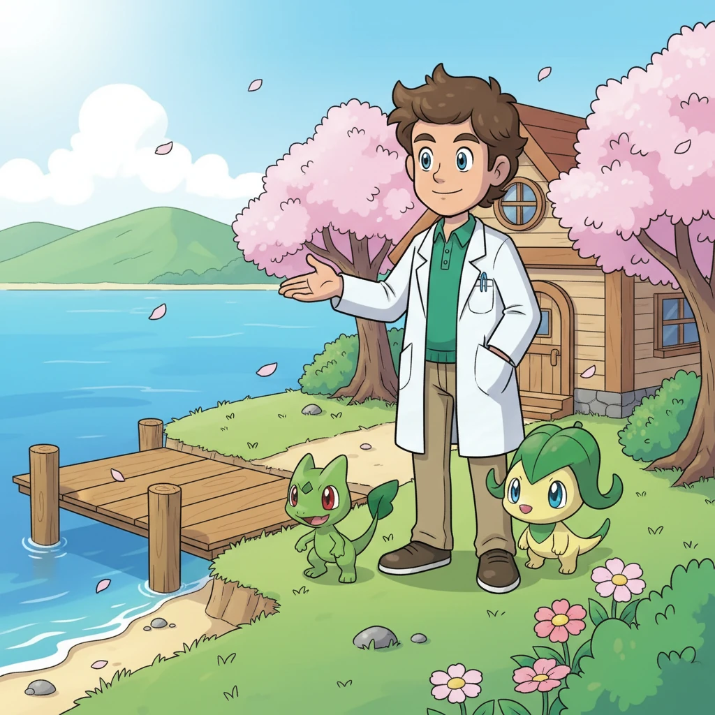 Stepping onto the peaceful shores of Johto, Leo and Treecko are greeted by the kind Professor Elm in his cozy lab, surrounded by delicate cherry blossoms. A curious Chikorita with a large leaf on its head peeks out from behind the professor, its eyes sparkling with interest. The air is fresh and sweet.