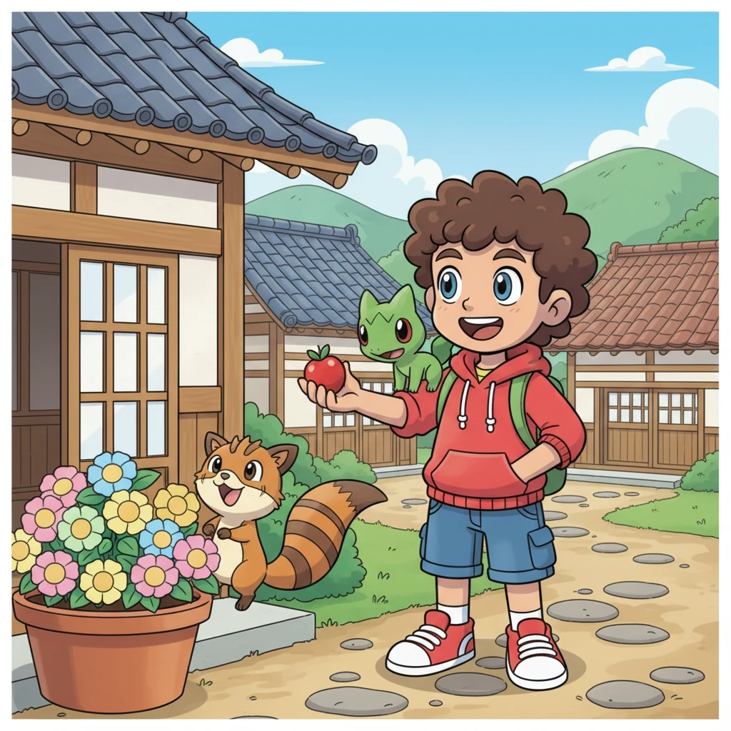 Leo and Treecko wander through a charming Johto town, marveling at the traditional wooden houses with their curved roofs. A playful Sentret with a long, striped tail pops its head out from behind a flowerpot, making them giggle. They share a juicy berry, enjoying the relaxed atmosphere.