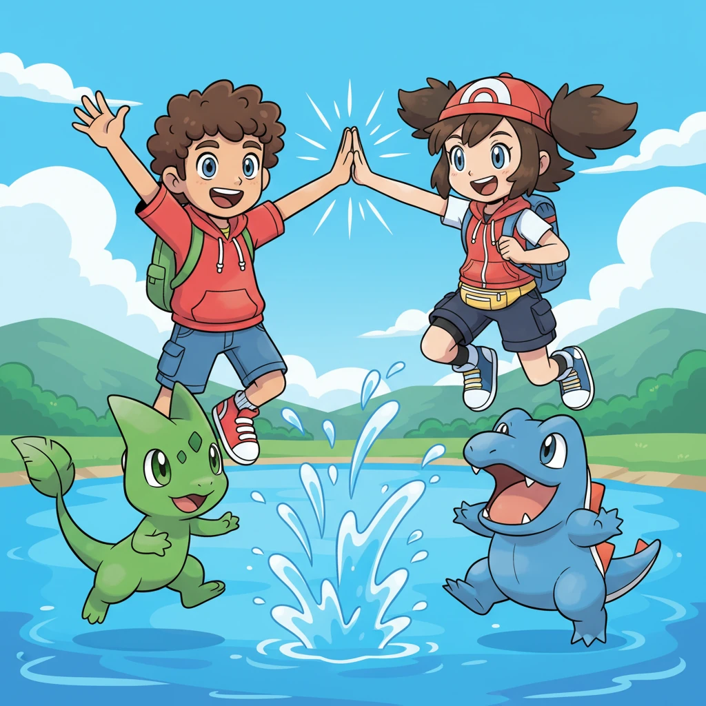 Near a sparkling, azure lake, Leo and Treecko engage in a friendly battle with a local Johto trainer and their energetic Totodile. Water splashes playfully as the Pokémon exchange lighthearted attacks. Afterwards, both trainers share a high-five, celebrating the fun of the fight.