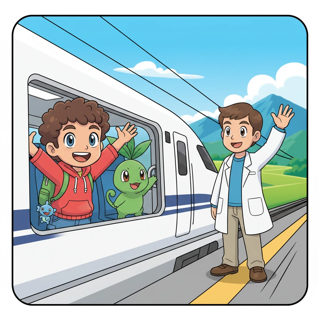 Leo, now accompanied by his cheerful new friend Chikorita, waves goodbye to Professor Elm from a sleek, speedy train. The Johto landscape, a mosaic of green fields and distant mountains, whizzes by outside the window. Kanto, the legendary region, awaits their arrival.