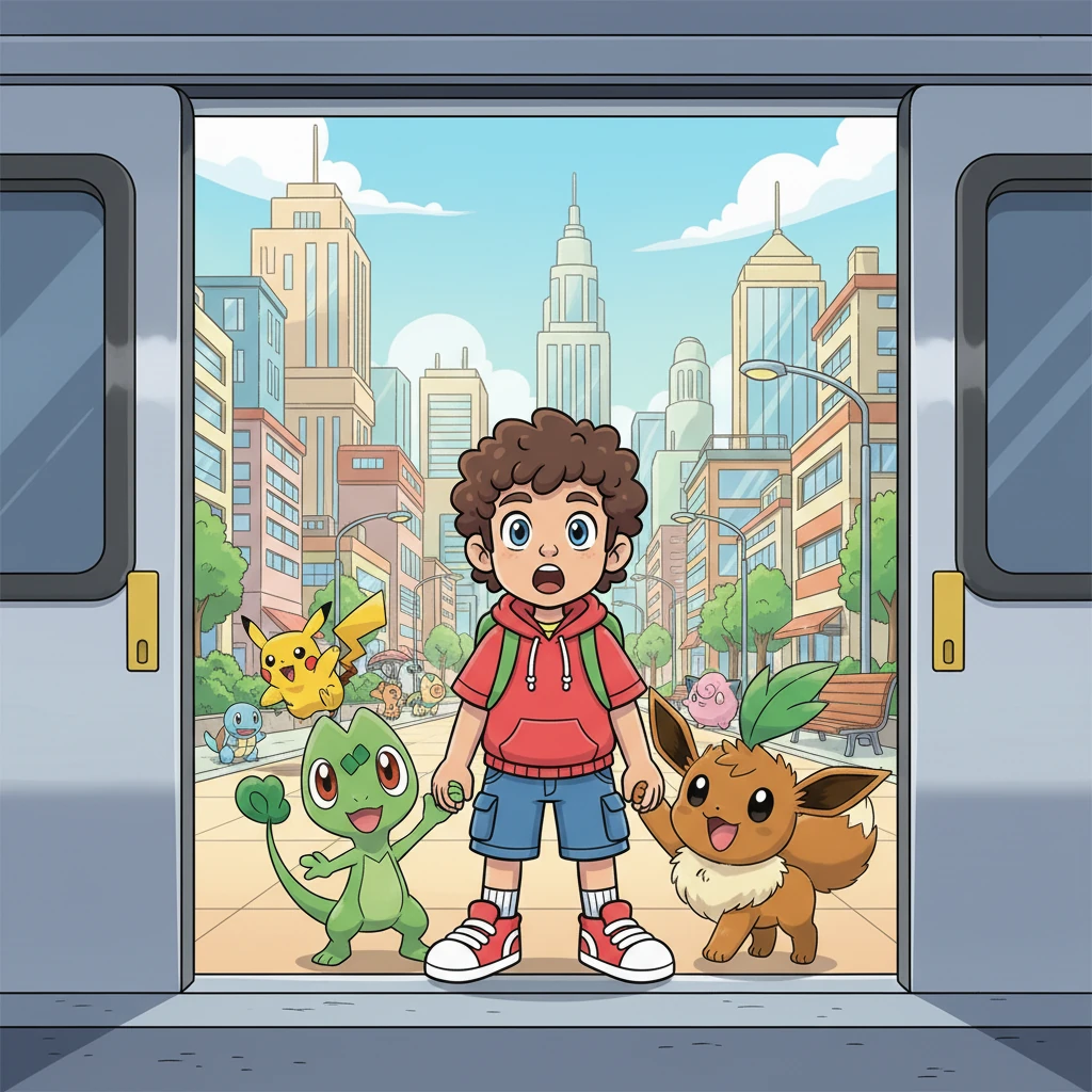 The train doors slide open, revealing the vibrant, bustling cityscape of Kanto. Leo, Treecko, and Chikorita are wide-eyed at the towering buildings and the flurry of unique Pokémon, including a zippy Pikachu and a bouncy Eevee, darting past. The energy of the city is infectious.