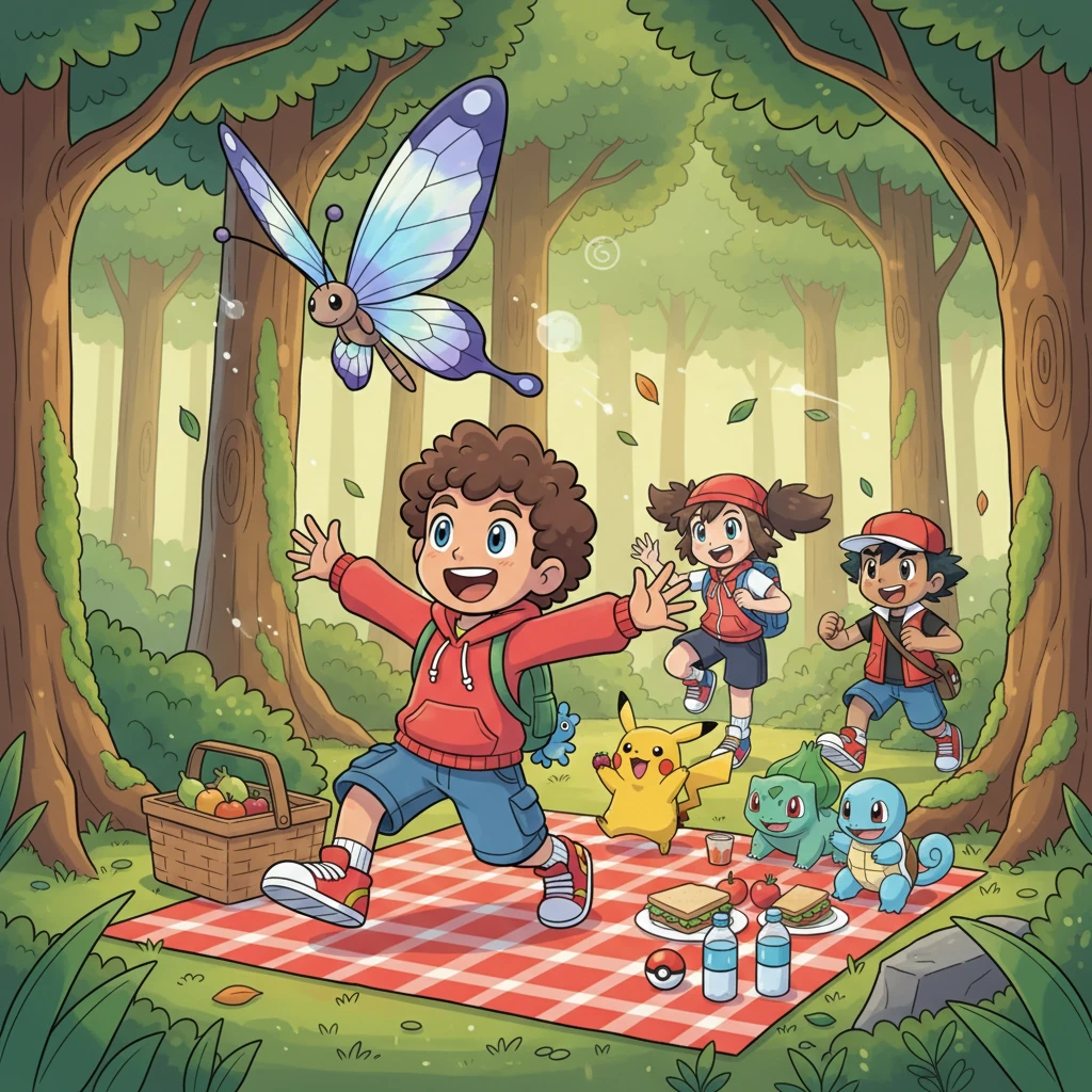 Deep within the enchanting Viridian Forest, Leo and his Pokémon companions playfully chase a majestic Butterfree with shimmering wings. They share a delightful picnic lunch on a checkered blanket, surrounded by towering trees and new Kanto friends. The forest air is crisp and invigorating.