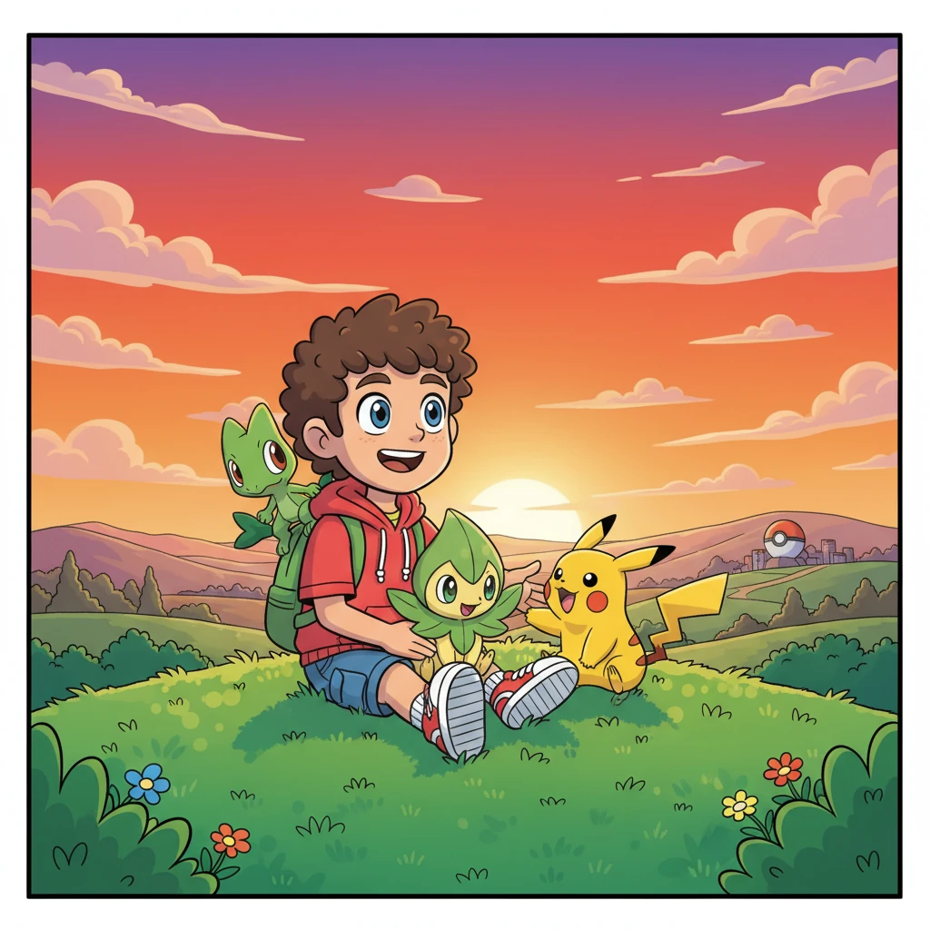 Perched atop a grassy hill, overlooking a breathtaking Kanto sunset, Leo sits with Treecko, Chikorita, and his new buddy Pikachu. He gazes at the vast, colorful landscape, reflecting on the incredible journey across three diverse regions. Every adventure has brought new friendships and unforgettable memories, promising many more to come.