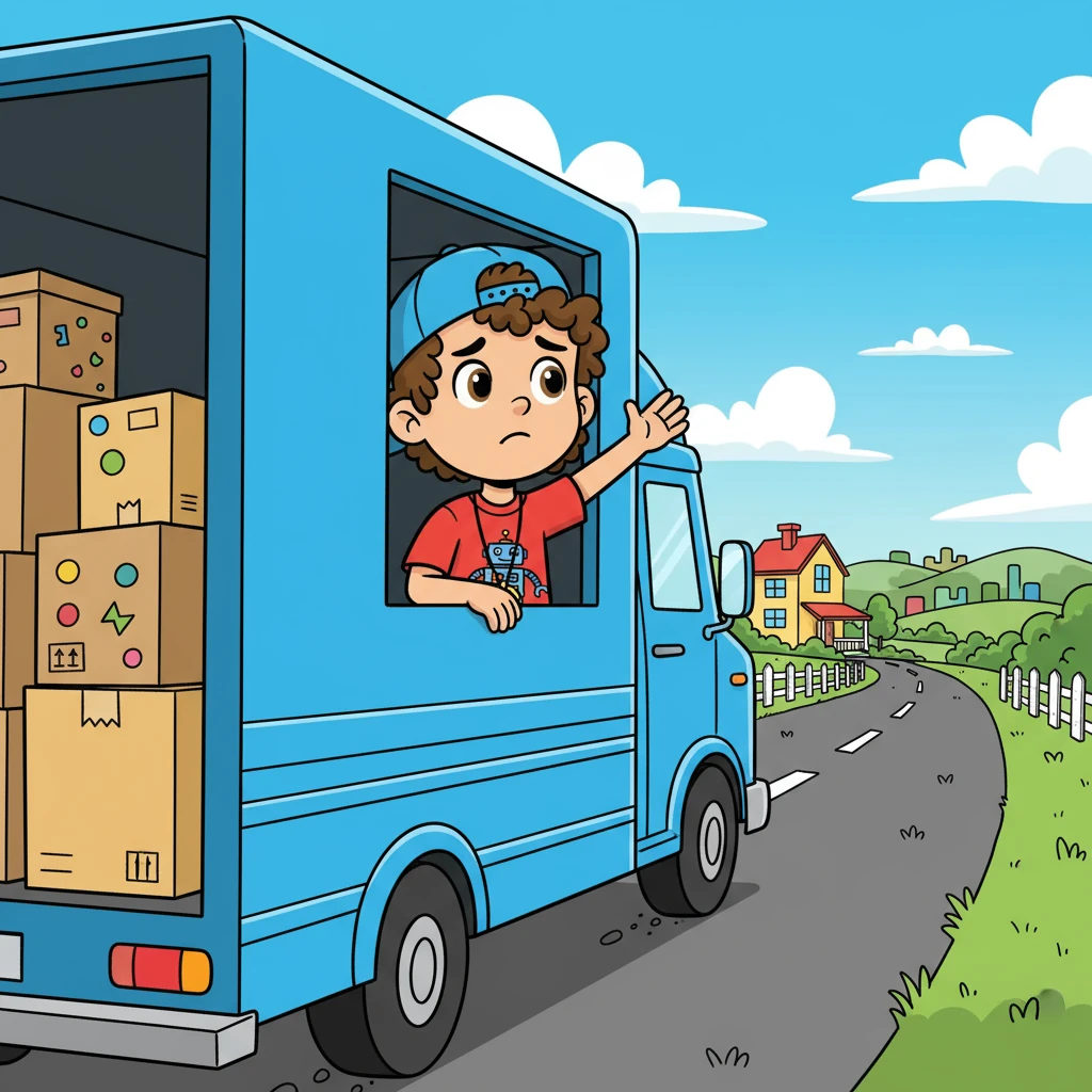 The moving truck rumbled, carrying all of Max's belongings. He looked out the window, waving goodbye to his old home, feeling a mix of sadness and anticipation for the unknown.
