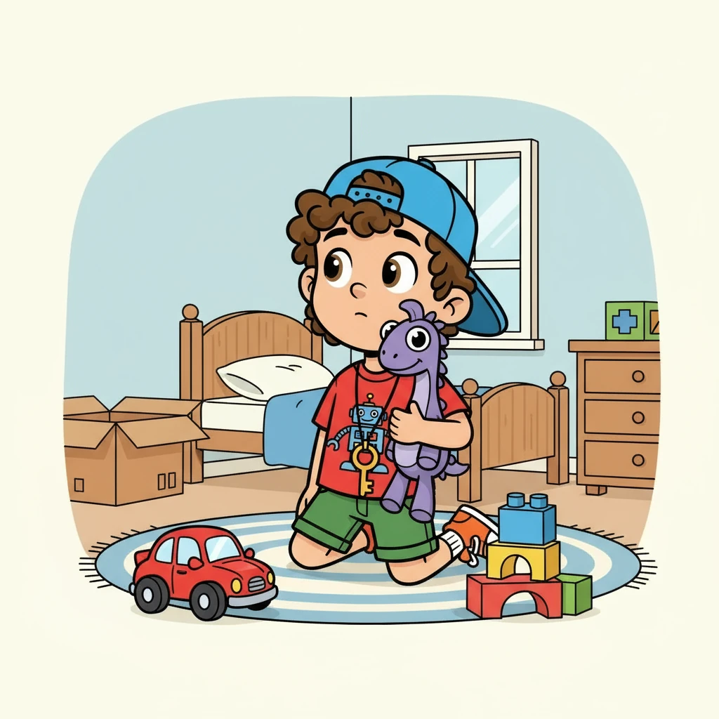 In his new room, Max unpacked his toys. There was his trusty car, his colorful blocks, and his beloved teddy bear. But everything felt different, a little unfamiliar.