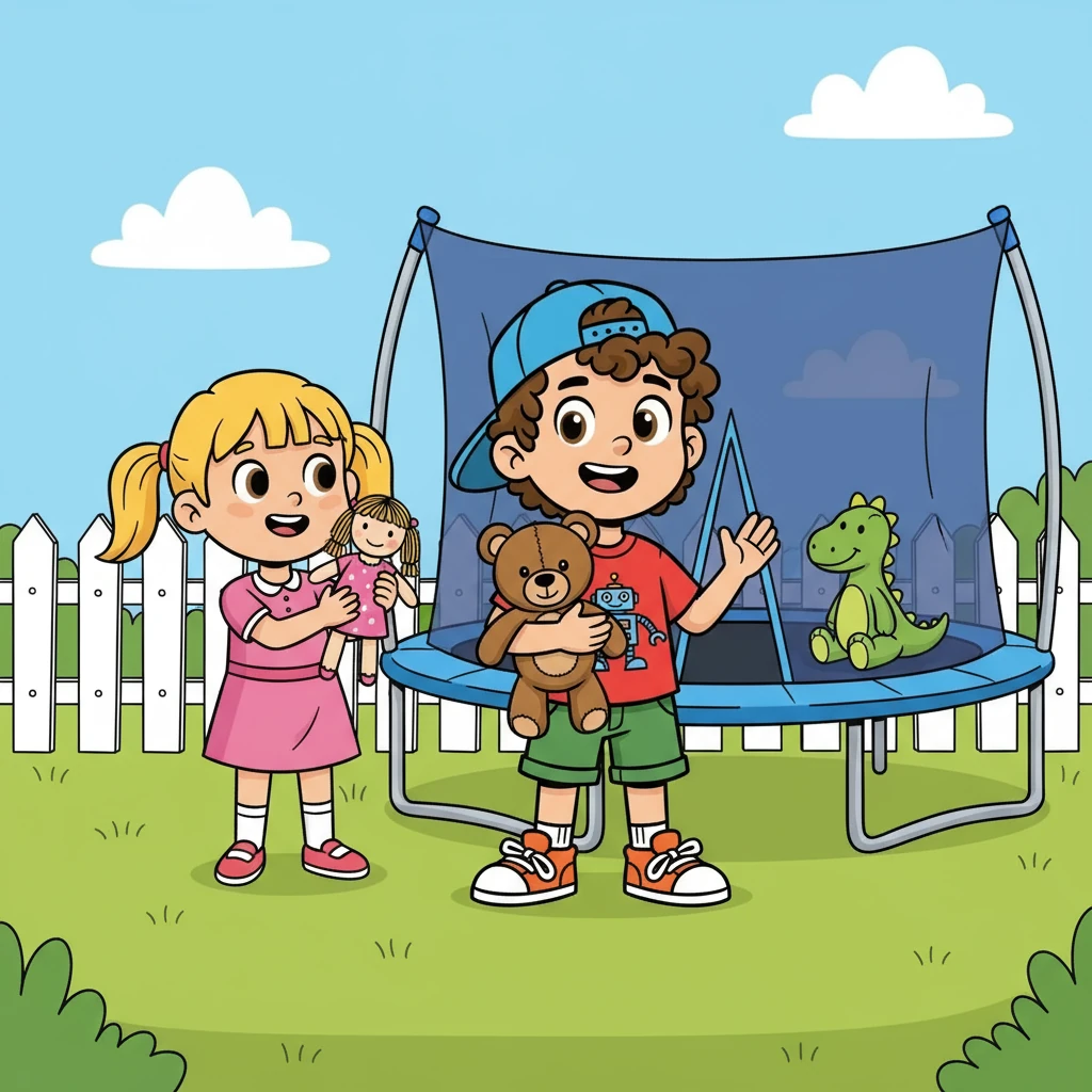 Lena showed Max her toys. She had a 'docka' (doll) and a 'studsmatta' (trampoline). Max excitedly learned the new words.