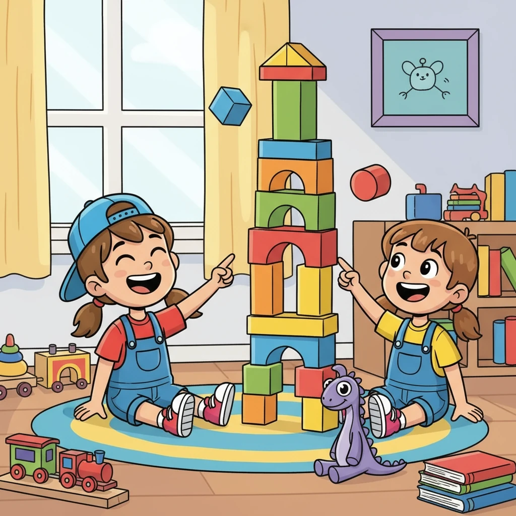 Max and Lena built a tall tower with the 'klossar' (blocks). They laughed as they played, the language barrier disappearing with every shared smile.