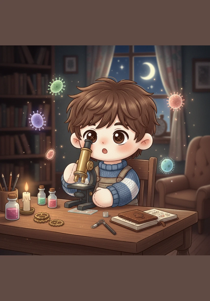 Theo discovers a gleaming brass microscope hidden under a dusty velvet cloth in the corner of a sunlit attic. He brushes away the cobwebs, sensing that this ancient instrument holds the secrets to a hidden universe waiting to be explored.