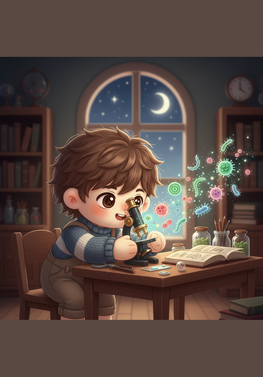 As Theo peers through the lens, the attic walls fade away, replaced by a swirling vortex of light and color. He feels himself shrinking, becoming small enough to walk among the very building blocks of existence in a world invisible to the naked eye.