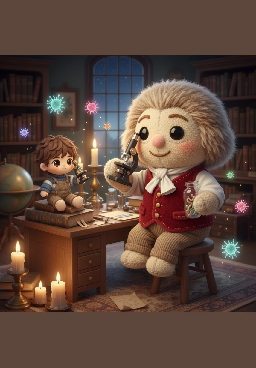 Theo finds himself in a dim, candlelit study in 1665, watching Robert Hooke peer at a thin slice of cork through a primitive lens. Hooke points to the tiny, empty rectangular boxes and whispers the word cells for the very first time in history.