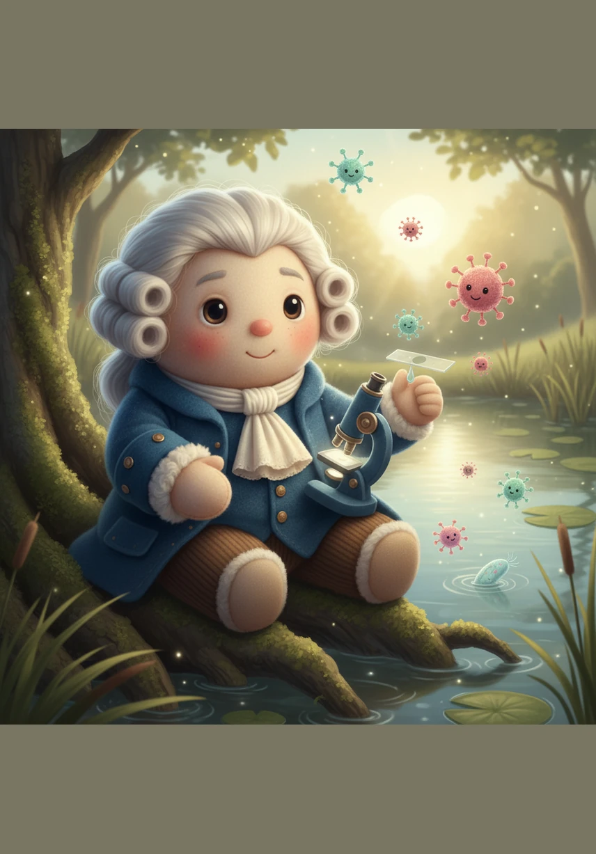 The scene shifts to a quiet pond's edge where Antonie van Leeuwenhoek is excitedly looking through a tiny handheld device. He shows Theo a single drop of water teeming with tiny, dancing creatures he calls animalcules, the first living cells ever witnessed.