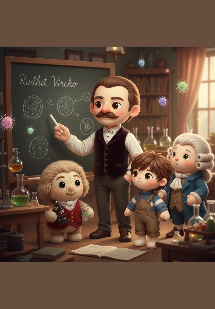 Theo stands in a bustling laboratory where Rudolf Virchow is writing elegantly on a chalkboard. Virchow explains the final piece of the great puzzle: every cell in existence was born from another living cell that came before it, forming an unbroken chain of life.