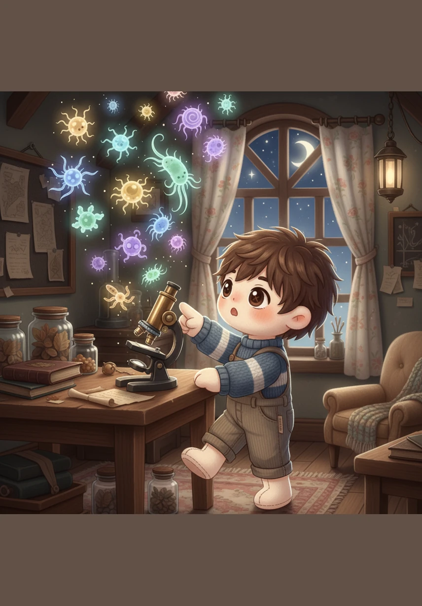 Back in his attic, Theo pulls away from the microscope with a newfound sense of wonder and connection to the world. He realizes that he is a living masterpiece, a giant universe built from trillions of tiny, dancing stars of life working in perfect harmony.