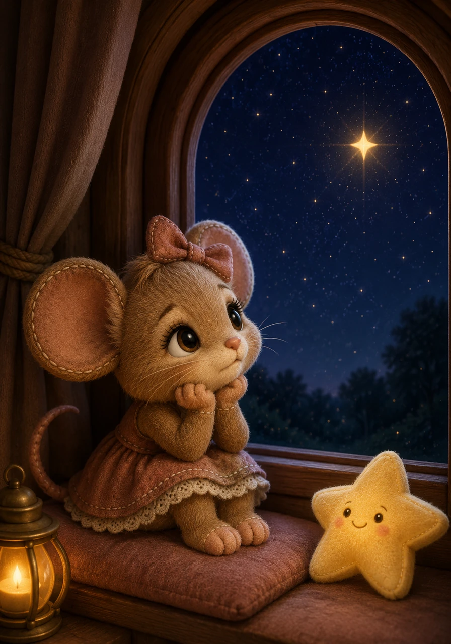 Una noche, Tadeo se sentó junto a la ventana arqueada y miró con tristeza hacia el cielo estrellado. Levantó su carita y fijó su mirada en una hermosa estrella que brillaba con un fulgor extraordinario, destacando entre todas las demás.