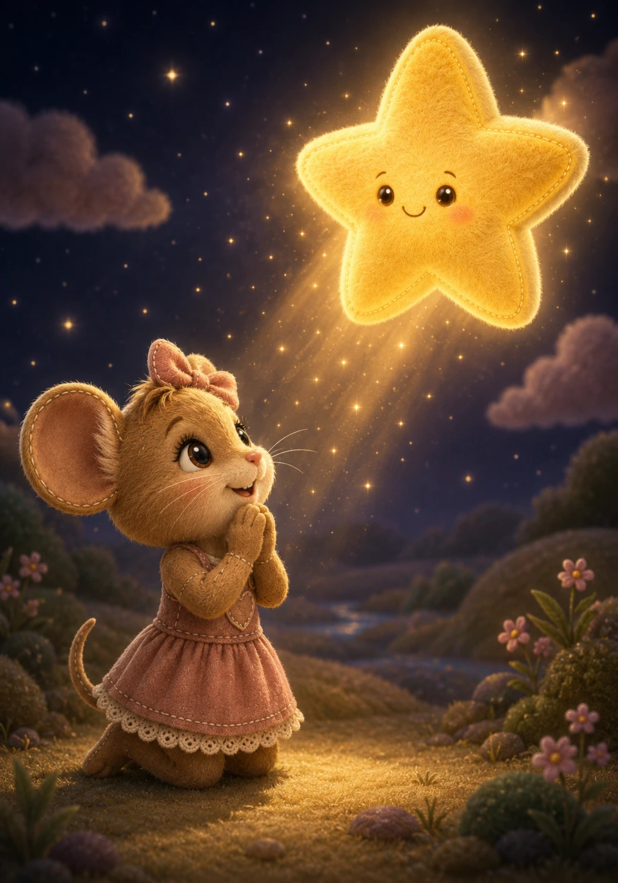 Con las manos juntas y mucha fe, el pequeño ratón le suplicó a la estrella brillante que le cumpliera su mayor deseo. Le pidió con todo su corazón que le enviara a alguien para que le hiciera compañía y así no tener que estar tan solito nunca más.