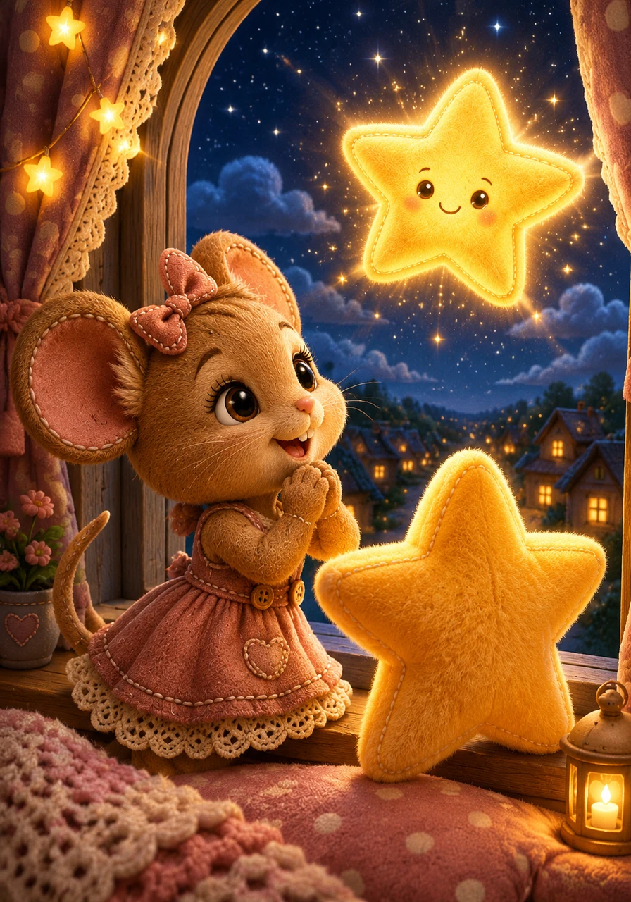 Al llegar la noche, Tadeo y Helsy se asomaron juntos a la ventana para contemplar el cielo. El feliz ratón le dio las gracias a la estrella por cumplir su anhelado deseo, y la estrella brilló con fuerza desando que fueran muy felices juntos.
