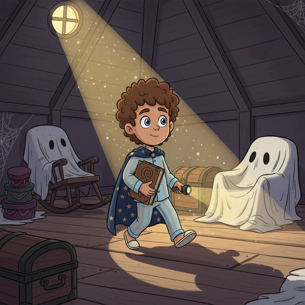Leo, a boy with bright, curious eyes and tousled brown hair, tiptoes into the dimly lit attic. Dust motes dance in the single ray of light filtering through a small window. Old furniture draped in white sheets loom like sleeping giants, and shadows stretch long and thin across the wooden floor.