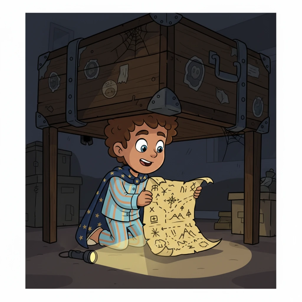 Under a massive, forgotten trunk covered in faded stickers, Leo spots a corner of something stiff. He carefully pulls it out to reveal an old, crinkled map, drawn on thick, yellowed parchment. It looks ancient and important, with strange markings and symbols.