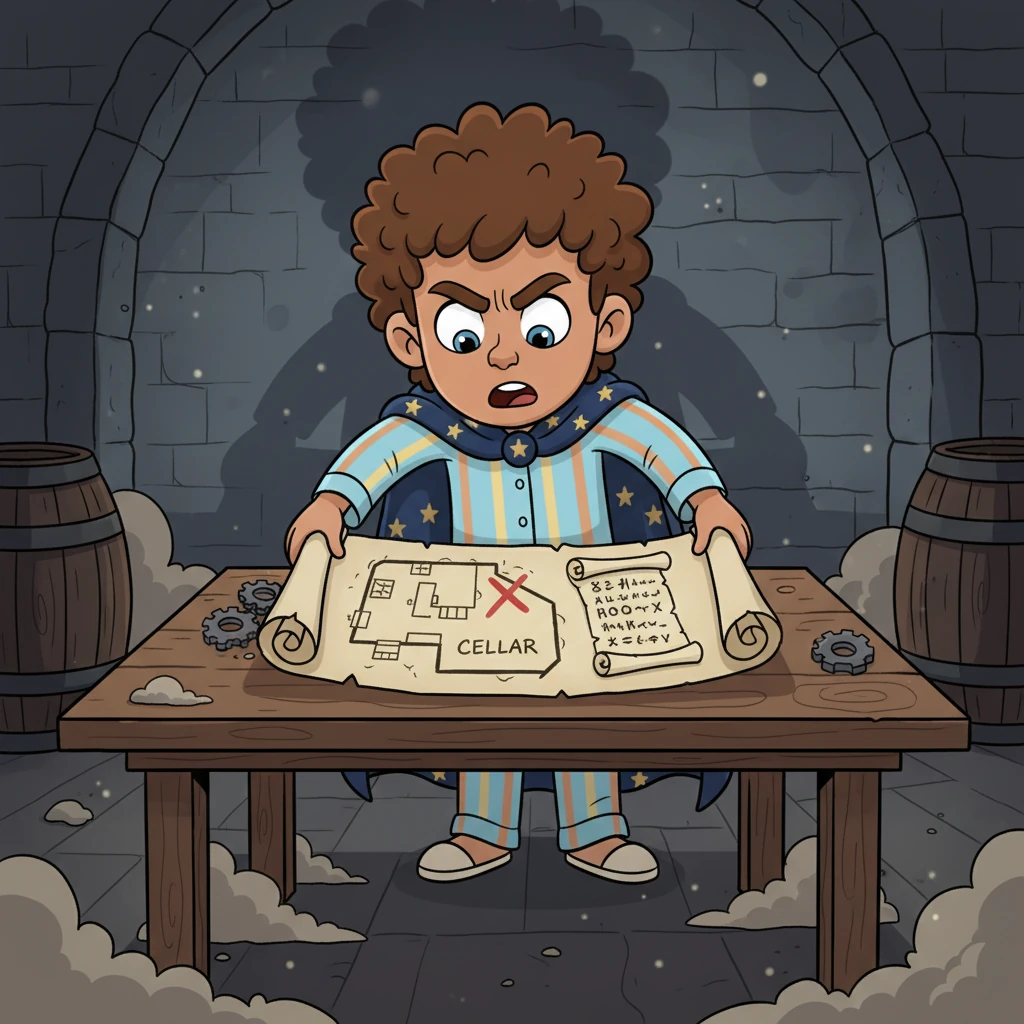 Leo spreads the map out on a dusty table, his brow furrowed in concentration. It shows a simplified layout of his own house, but with an 'X' marked in the cellar and a riddle scribbled in elegant, looping handwriting: "Where shadows dance and echoes sleep, a silent secret it will keep." His heart thumps with excitement.