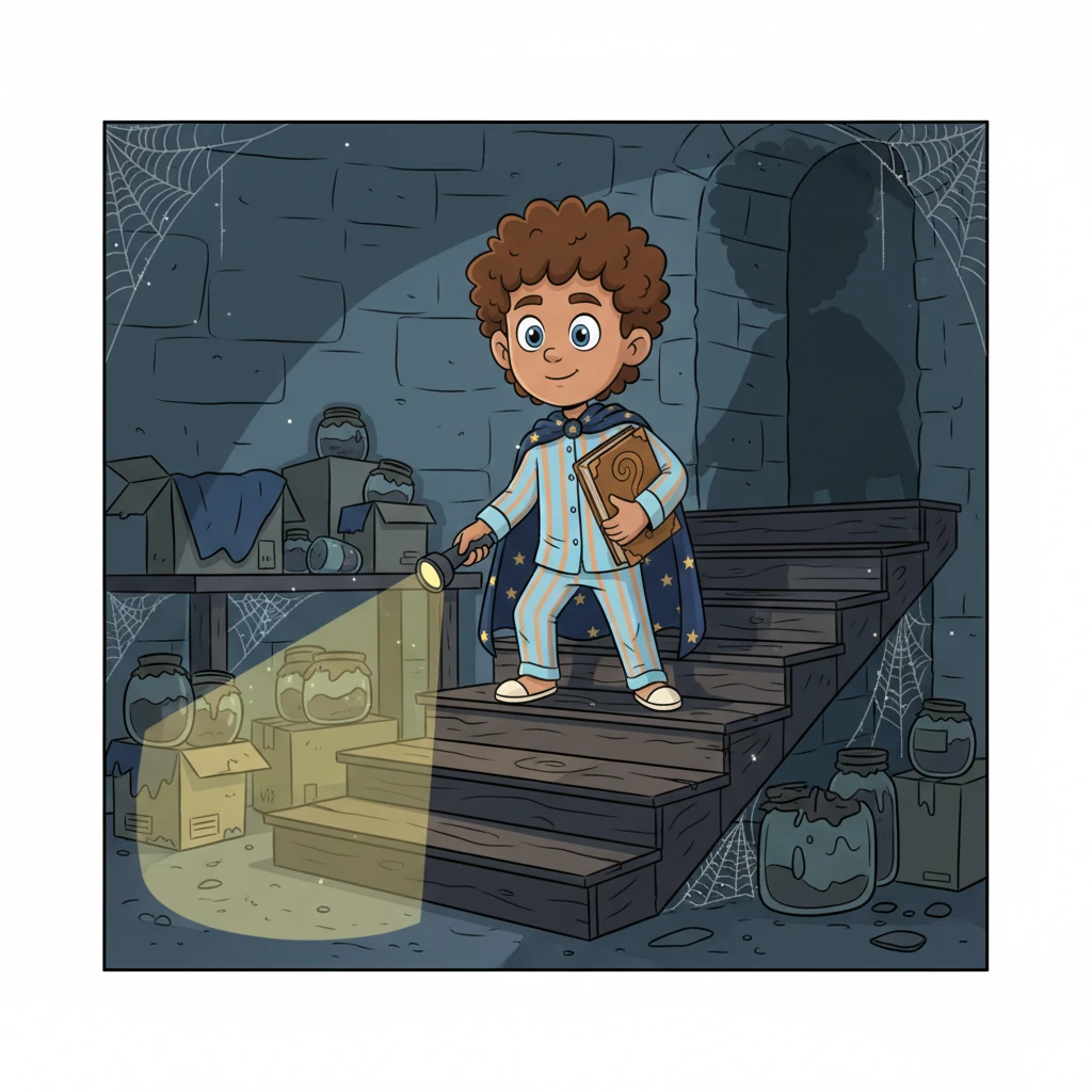 Armed with a small, glowing flashlight, Leo bravely descends the creaky wooden steps into the cellar. The air is cool and damp, and the shadows here are even deeper, making ordinary objects look like spooky monsters. Cobwebs shimmer in the beam of his light.