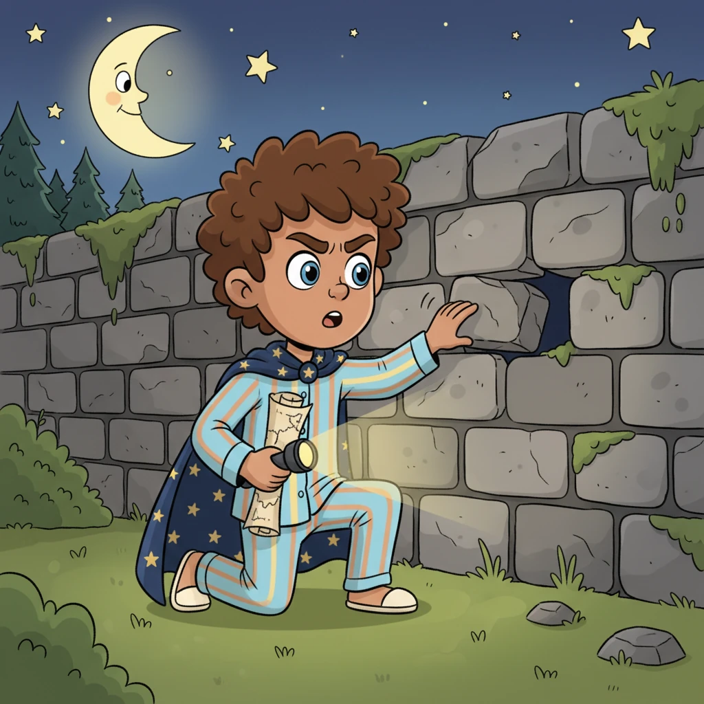 He carefully follows the map's faded lines to a section of the stone wall. After running his hand along the cool, rough surface, his fingers find it – a single brick that feels slightly loose. He pushes it gently, and it wiggles.