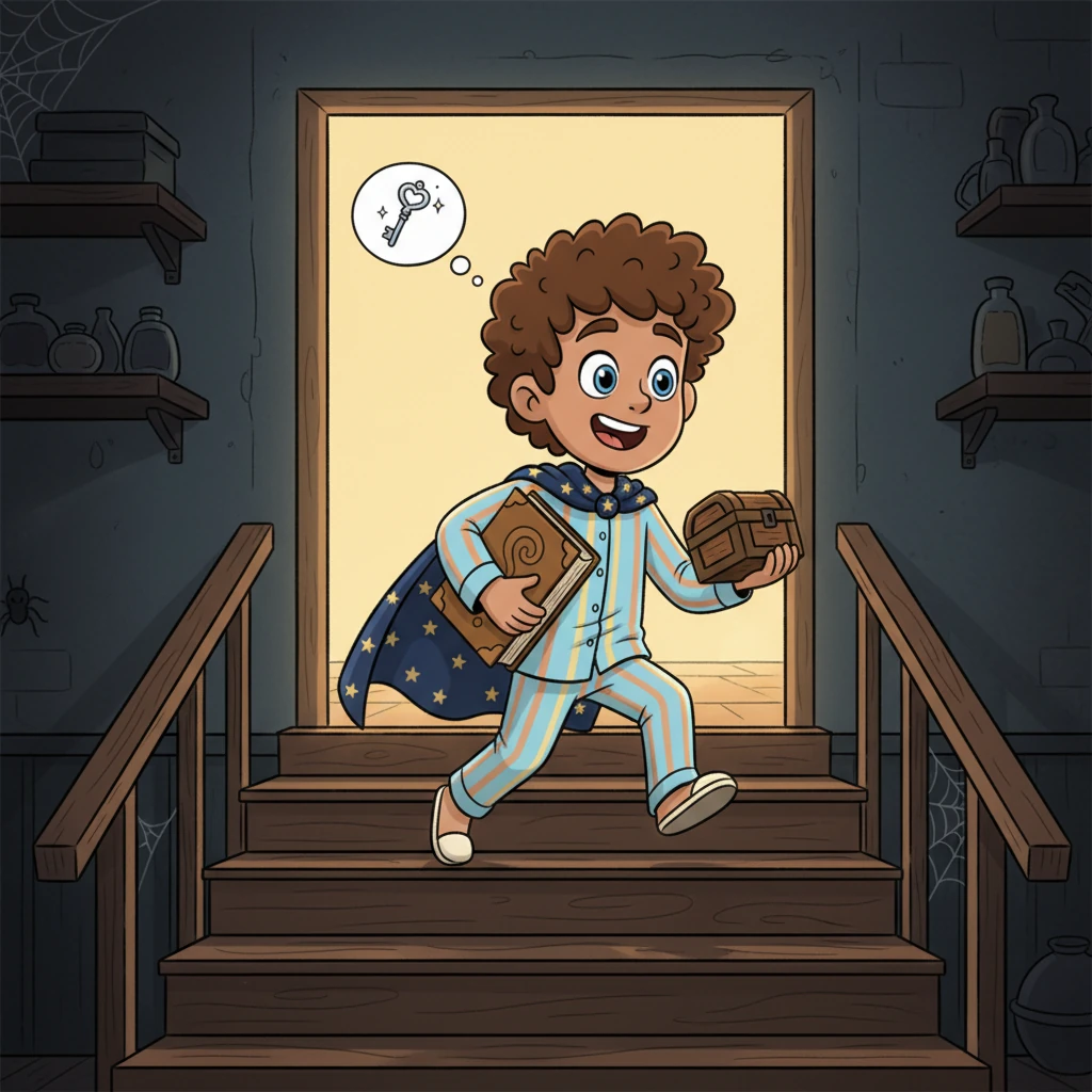 A sudden memory sparks in Leo's mind! He remembers finding a tiny, unusual silver key with a swirl design years ago, tucked away in his grandmother's old jewelry box upstairs. He clutches the wooden box and dashes back up the cellar steps, hope lighting his face.