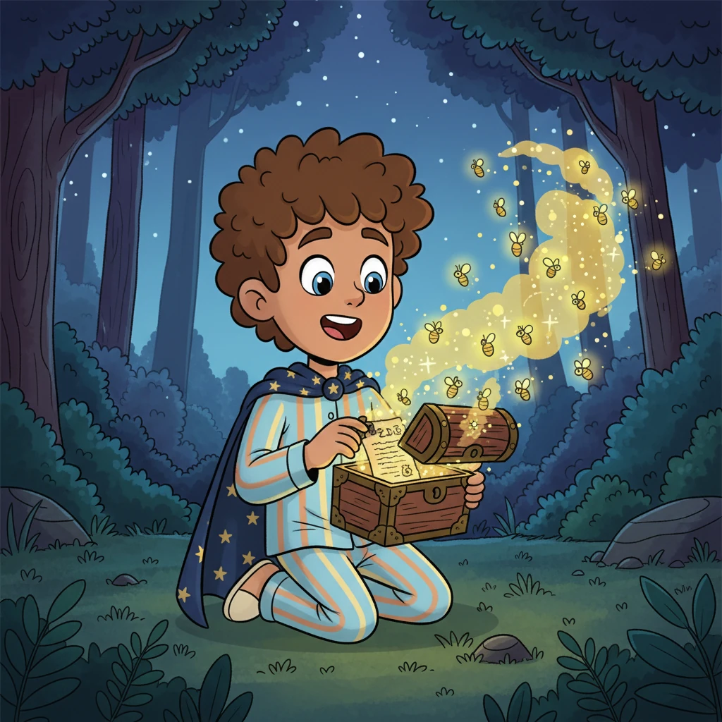 With a soft click and a gentle puff of golden dust, the box opens! Inside, there are no jewels or gold, but dozens of tiny, glowing fireflies swirling happily, along with a faded note from his great-grandfather. It reads, "The greatest adventures are often found where you least expect them. Keep exploring, little adventurer!"