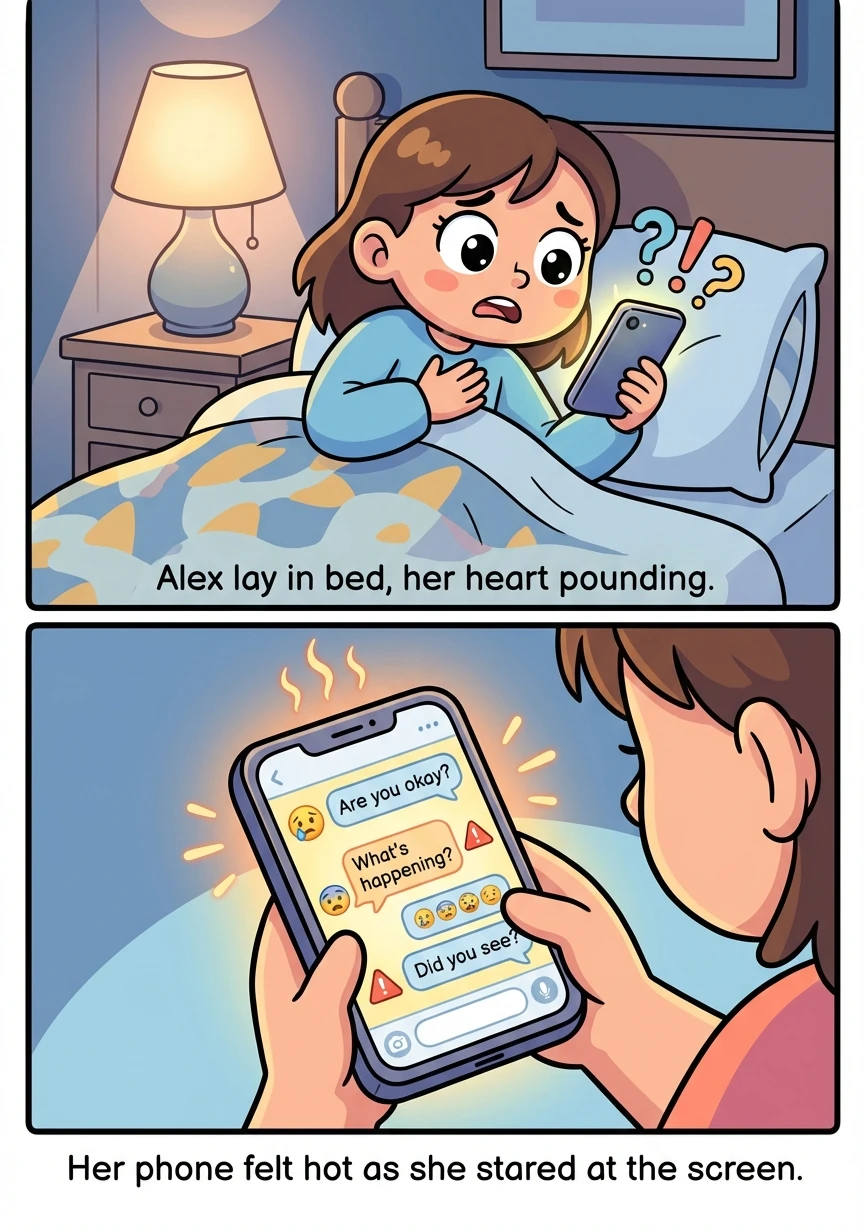 The room is dimly lit, the soft glow of the bedside lamp casting long shadows. Alex lies in bed, her heart pounding in her chest. Her phone feels hot to the touch as she stares at the screen.