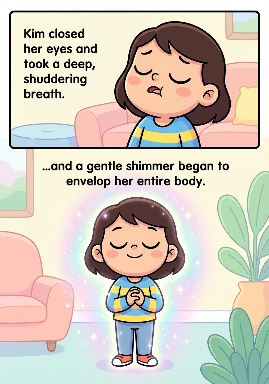 Kim closes her eyes, takes a deep, shuddering breath, and a gentle shimmer begins to envelop her entire body.