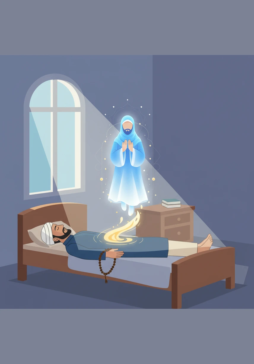 Omar lies peacefully on his bed as the silver moonlight spills through the window, casting long, gentle shadows across the room. The air is still, filled with a profound sense of quietude and the faint scent of musk and old books.