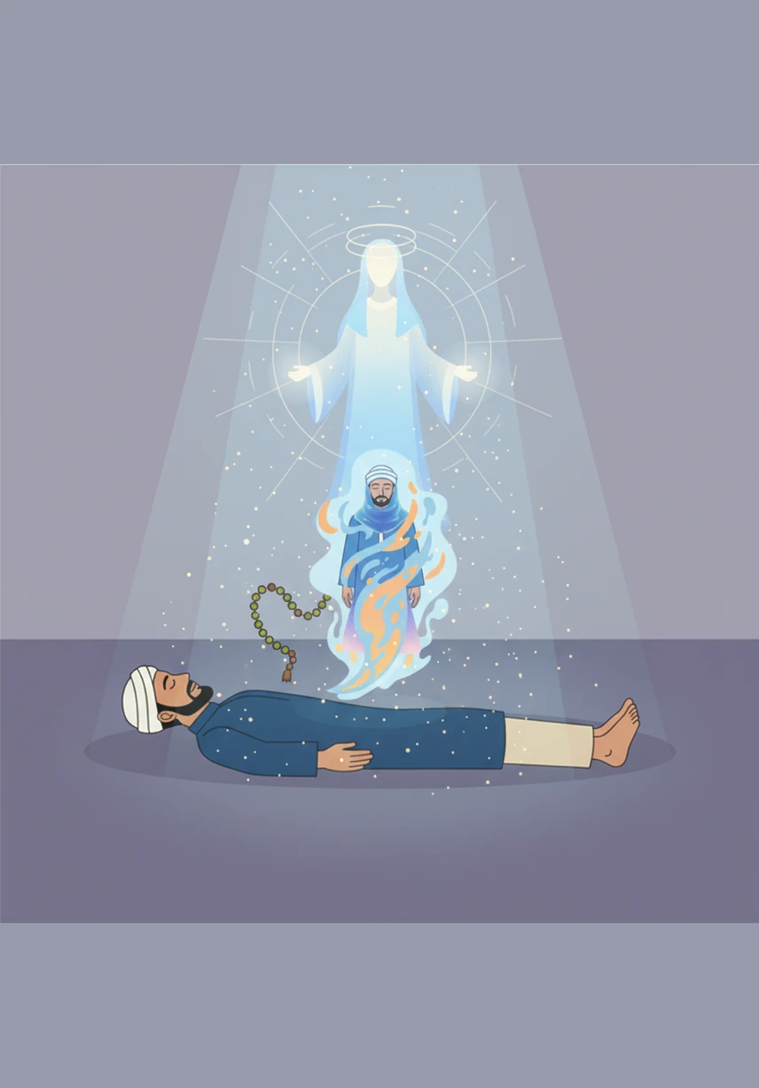 Time suddenly stands still, freezing the world in a single, perfect moment. Floating dust particles hang motionless in the volumetric light, and a string of prayer beads remains suspended in mid-air beside the bed.