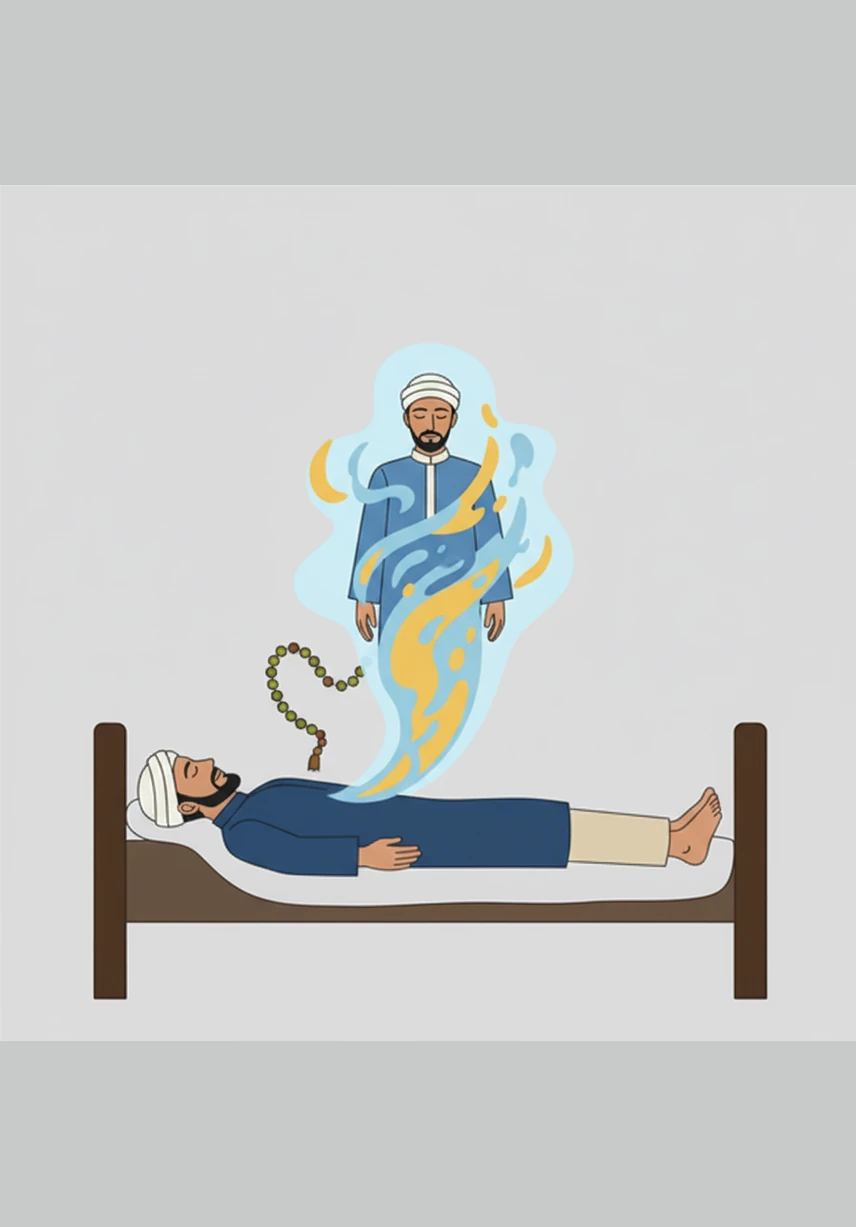 The luminous soul hovers above the bed, looking down at the physical body with a gaze full of wisdom and tranquility. There is no fear in this transition, only a deep sense of completion and the beginning of a magnificent new chapter.