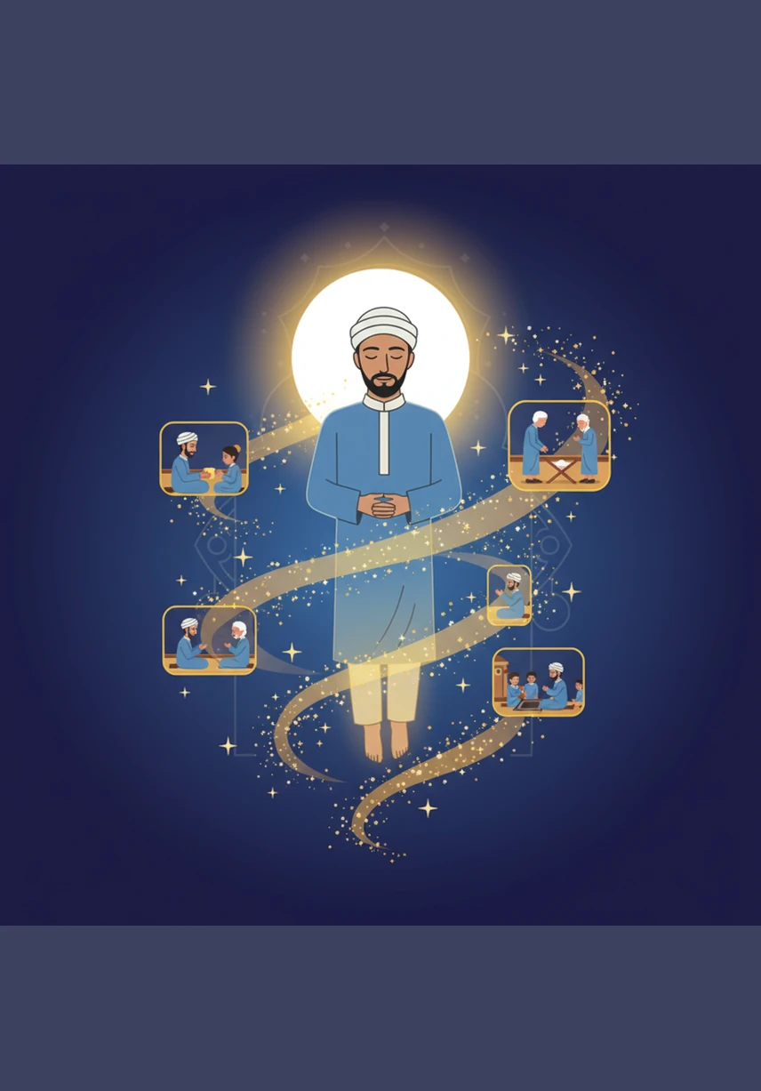 As he moves toward the light, shimmering echoes of his life’s kindest moments swirl around him like golden ribbons. Every prayer offered and every helping hand given manifests as a spark of brilliance in the surrounding darkness.