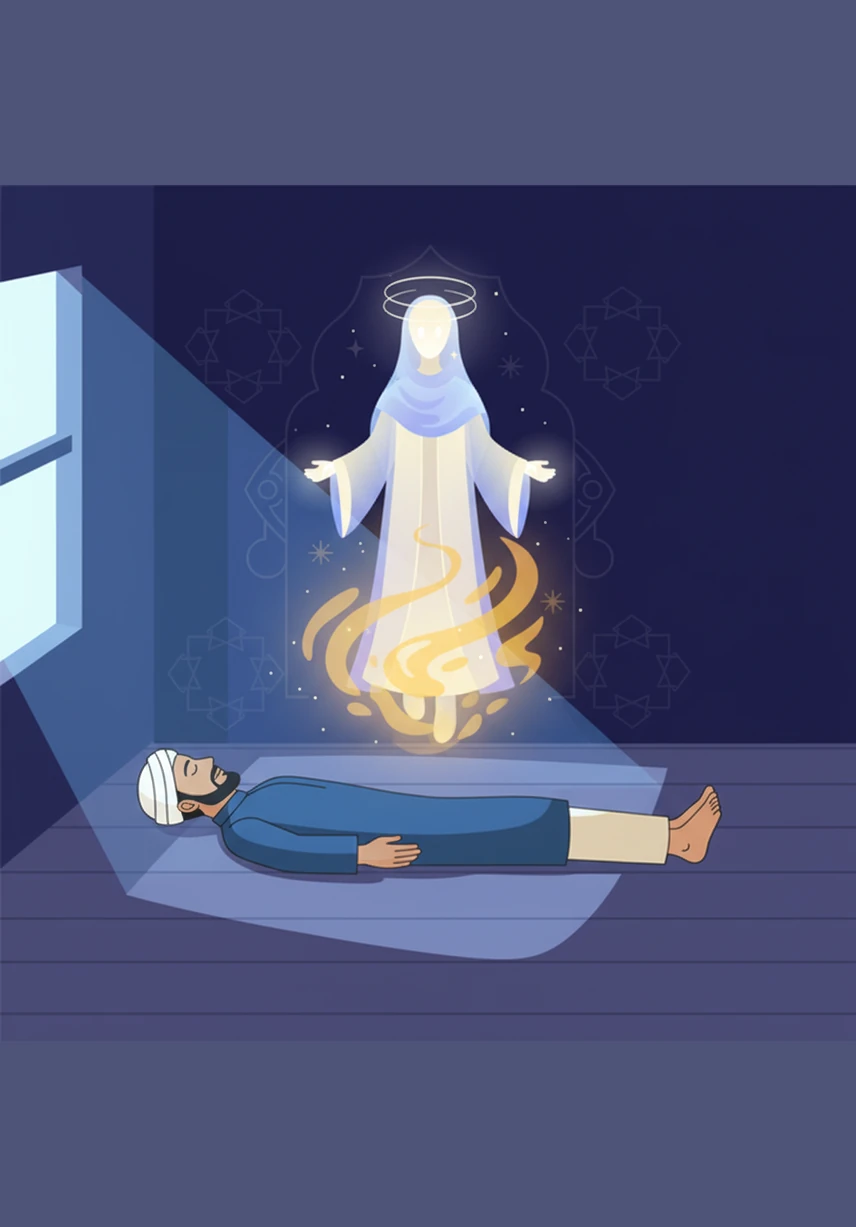 Back in the room, the moonlight continues to shine on the peaceful scene, though a lingering golden aura remains. The journey has begun, leaving behind a legacy of faith and a spirit that now belongs to the eternal stars.