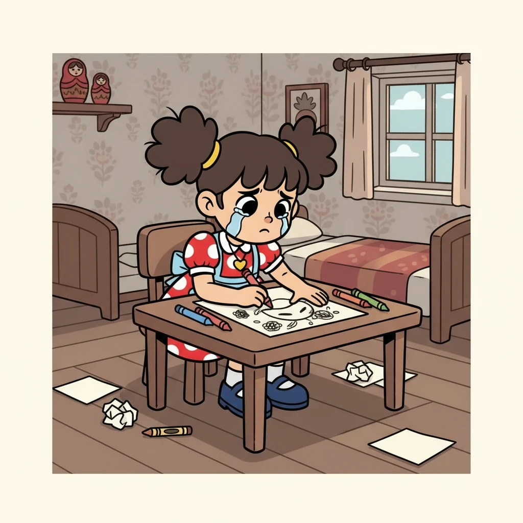 Однажды Жанель поссорилась с родителями из-за плохой оценки. Она расстроилась и ушла в свою комнату, где начала рисовать грустную картину. Слезы катились по ее щекам, но она продолжала творить.