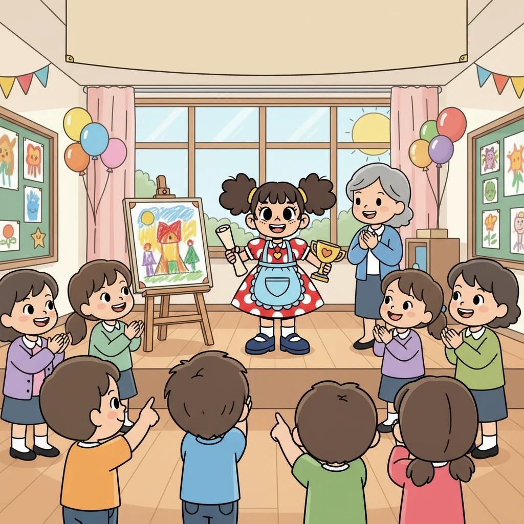 Жанель участвовала в школьном конкурсе рисунков и заняла первое место. Ее картина вызвала восхищение у всех. Она почувствовала гордость за свои достижения и поняла, что ее мечты сбываются.