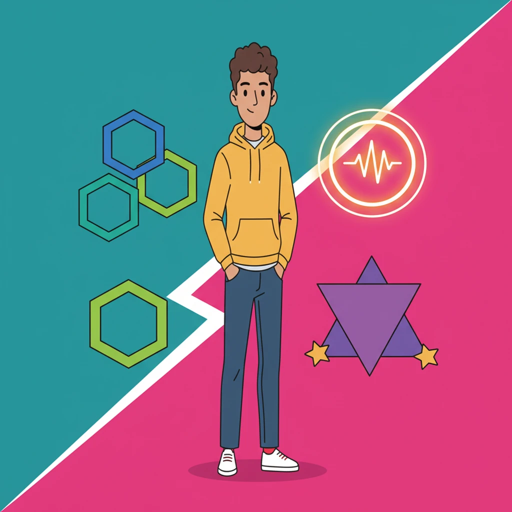 Alex, a young man with a kind gaze, stands confidently, surrounded by abstract shapes representing trust and connection. Bold, clean lines define his silhouette against a vibrant, high-contrast background. His posture conveys an unwavering belief in the power of genuine human bonds.