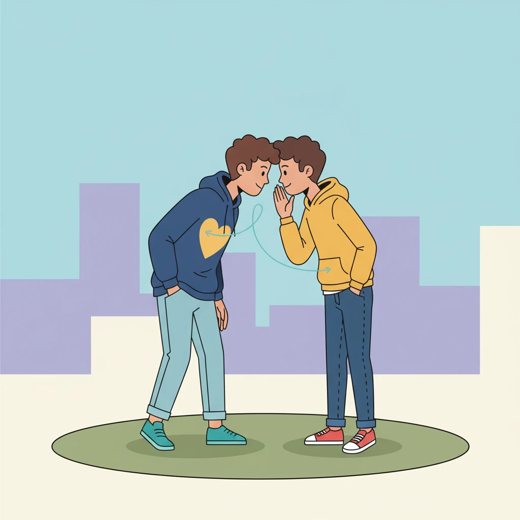 Alex and Lucas, two figures with distinct geometric shapes, are depicted in a shared moment, perhaps exchanging a secret. Their forms are connected by an invisible line of trust, highlighted by a subtle color shift. A strong, simple outline emphasizes their long-standing friendship.