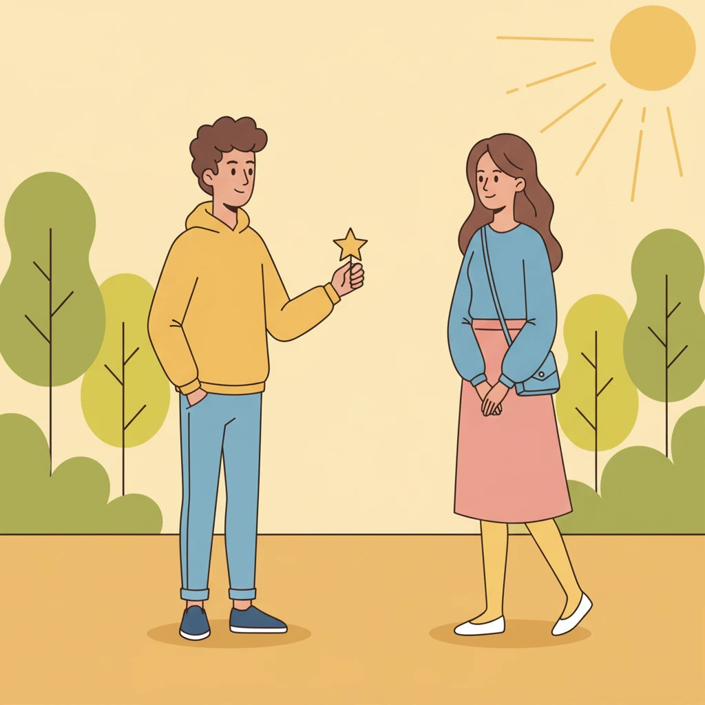 Emma, a new character with soft, inviting shapes, enters Alex's world. A bright, warm color palette illuminates their initial interaction, showing an immediate, undeniable connection. Their eyes, simple dots, convey a spark of mutual interest.