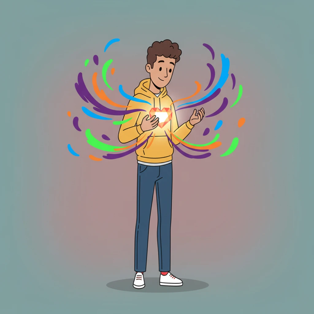 Alex is alone, his geometric heart shape glowing brightly within his chest, symbolizing his newfound love for Emma. Swirls of vibrant, contrasting colors represent the overwhelming emotions he experiences. His posture is one of wonder and deep affection.