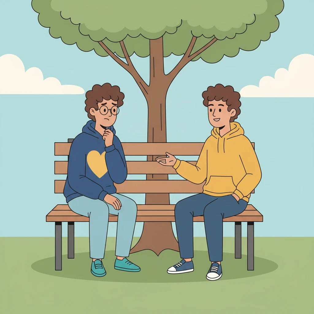 Alex and Lucas sit facing each other, their forms slightly angled, as Alex confides his deepest feelings and fears. Lucas, with an open, supportive stance, offers comfort and advice. The scene is balanced with a sense of intimate conversation and shared understanding.