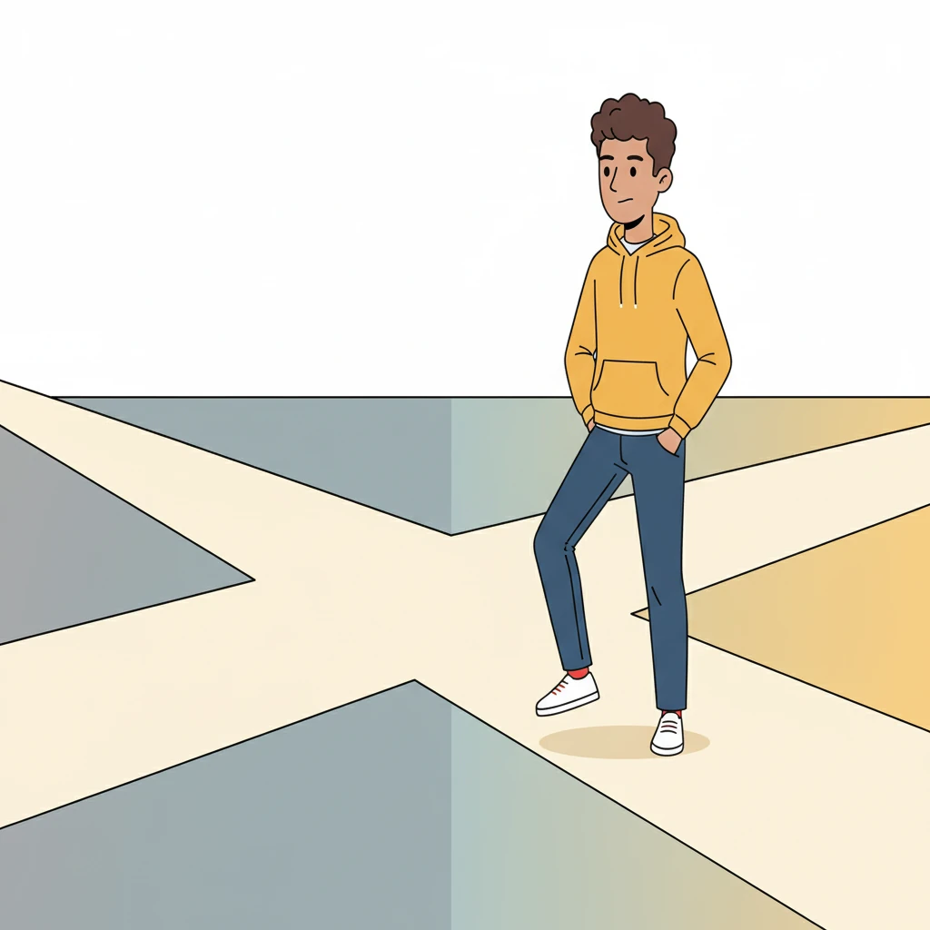Alex stands at a crossroads, geometric paths diverging before him, illustrating his internal struggle. After a moment of doubt, he steps decisively onto one path, his form resolute. The background shifts from muted to bright, signifying his decision to confess.