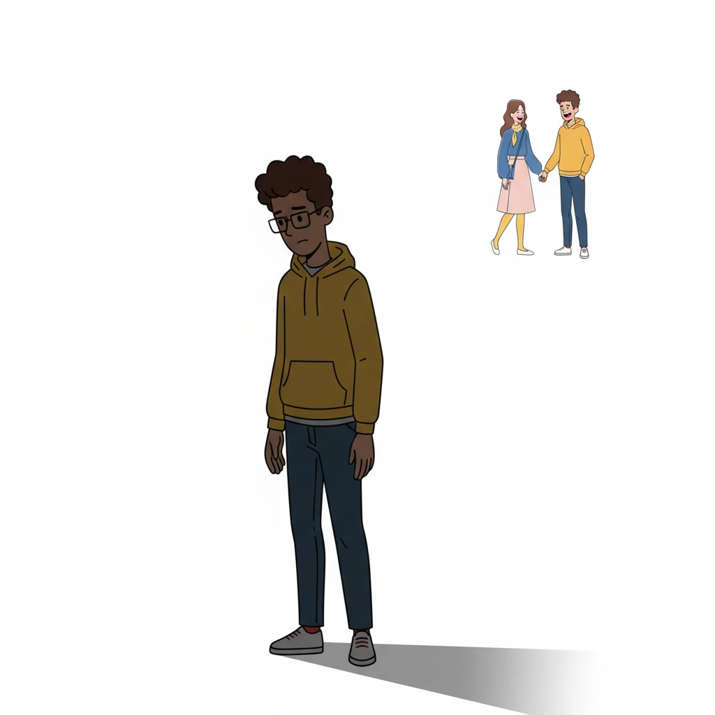 The scene is stark and sudden. Alex, a solitary figure, observes Emma and Lucas from a distance, their hands intertwined, a laugh shared between them. A harsh, contrasting shadow falls over Alex, visually representing his shock and the sudden shift in his reality.