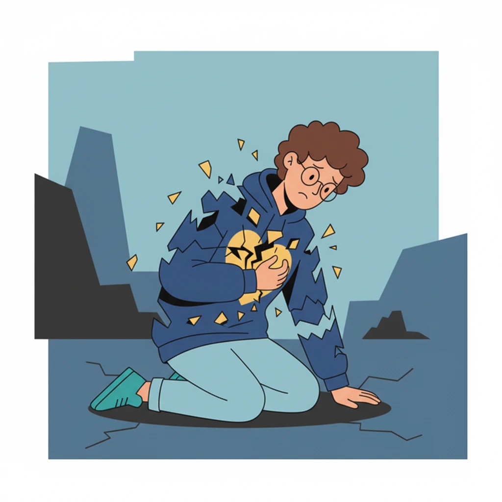 Alex's geometric form appears fractured, his heart represented by sharp, broken shapes. The vibrant colors of earlier scenes are replaced by cool, desaturated tones, conveying immense pain and the feeling of betrayal. His posture is one of collapse and profound loss.