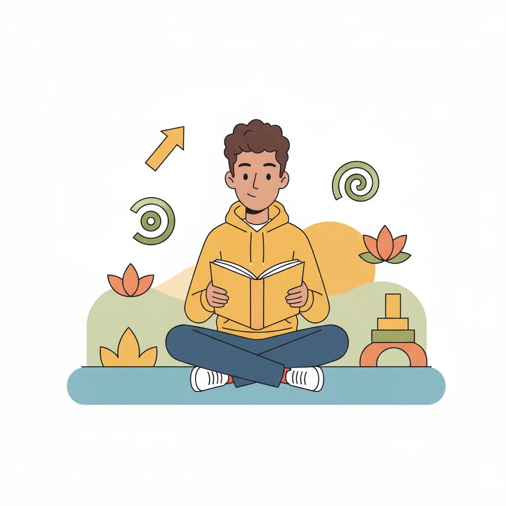 Over time, Alex's form begins to reassemble, his edges becoming sharper and stronger. He is shown engaging in activities, perhaps reading or meditating, surrounded by abstract symbols of self-improvement and inner peace. The color palette slowly reintroduces warmth and balance.