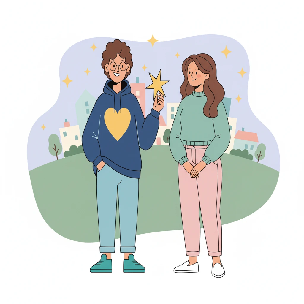 Years later, Alex stands beside a new person, both smiling genuinely. Their forms are open and connected, reflecting a healthy, trusting bond. A gentle, harmonious color scheme fills the scene, signifying a renewed belief in true love, built on honesty.