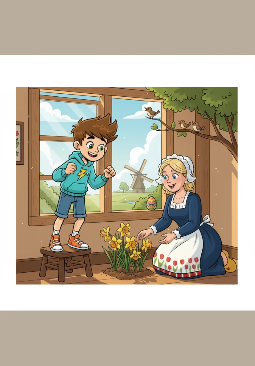 Het is een zonnige ochtend in de lente en de vogels zingen luid in de bomen. Bram kijkt uit het raam en ziet de eerste gele narcissen in de tuin bloeien. Vandaag is het eindelijk Pasen en hij heeft er heel veel zin in.