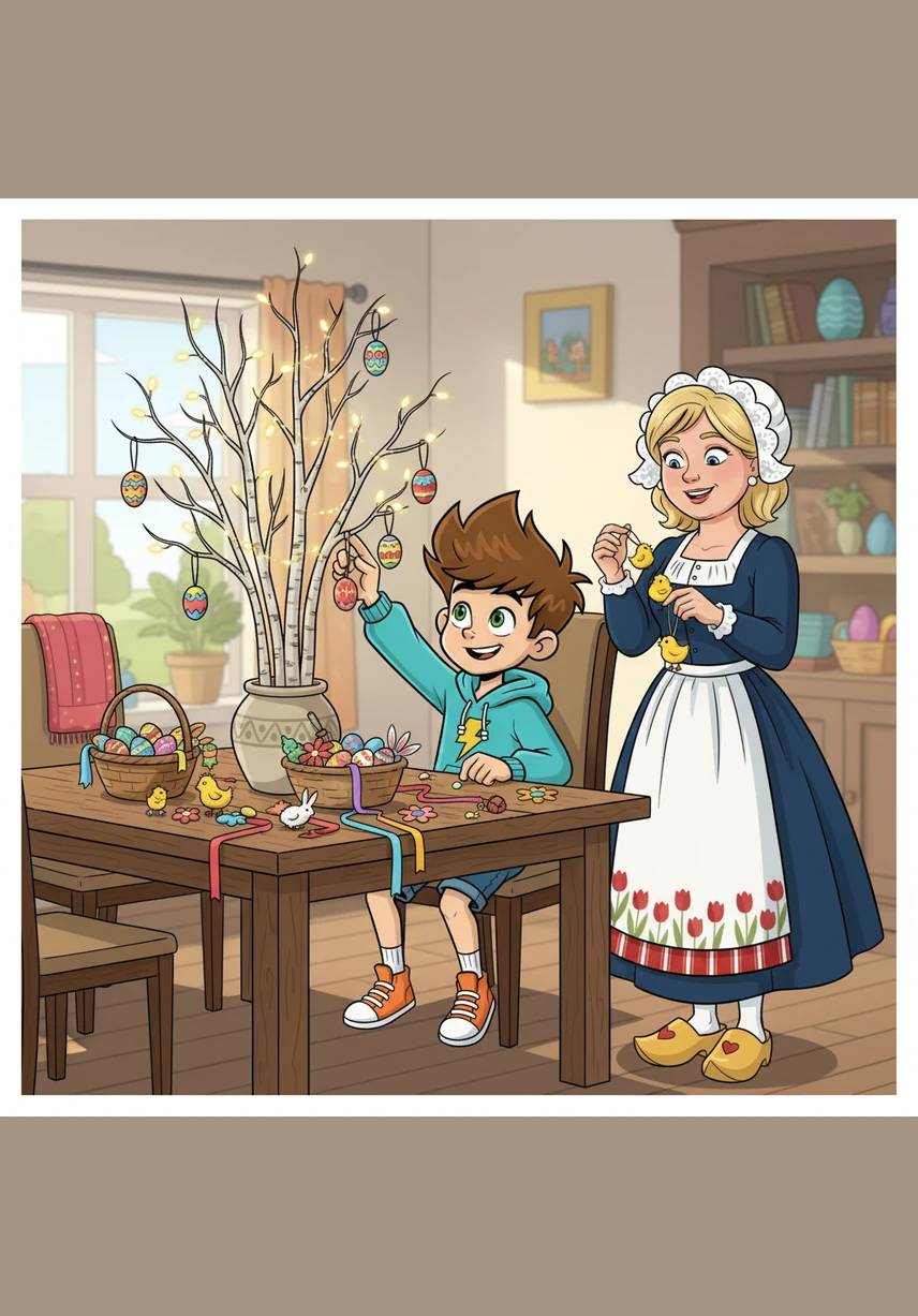 Samen met zijn moeder versiert Bram de paastakken die in een grote vaas op tafel staan. Ze hangen er voorzichtig kleine gekleurde eitjes, houten kuikentjes en vrolijke strikjes aan. De woonkamer ziet er meteen heel feestelijk en gezellig uit.