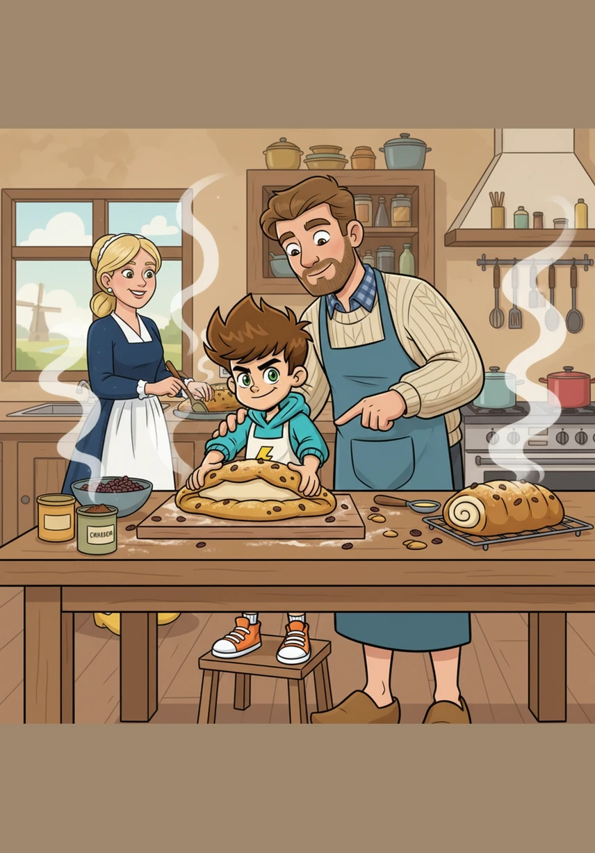 In de keuken helpt Bram zijn vader met het bakken van een echte Nederlandse paasstol. Het deeg zit vol met rozijnen en in het midden stoppen ze een dikke rol zoete amandelspijs. De hele keuken ruikt al snel heerlijk naar warm brood en kaneel.