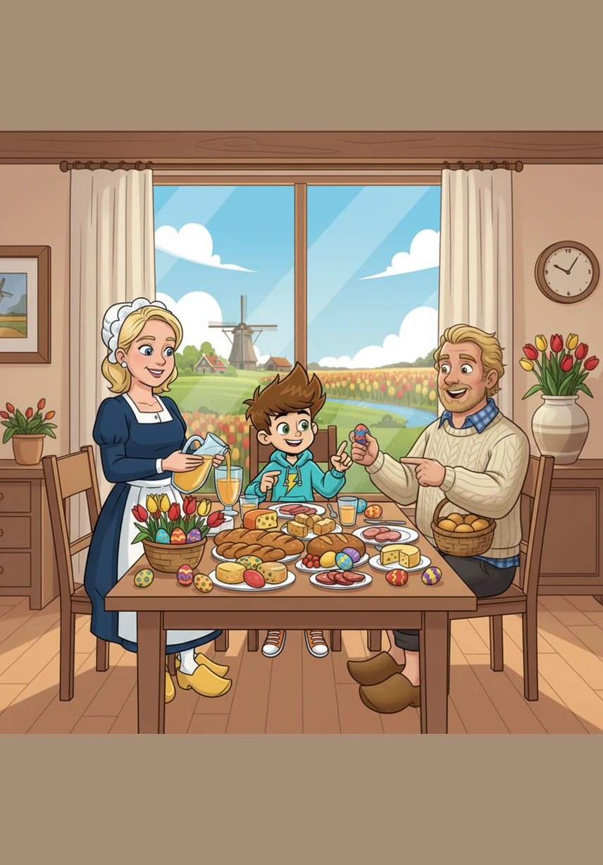 De hele familie zit aan de mooi gedekte tafel voor het uitgebreide paasontbijt. Er zijn warme broodjes, verse sap en natuurlijk de zelfgebakken paasstol met een dikke laag roomboter. In het midden van de tafel staat een mandje vol met eieren.